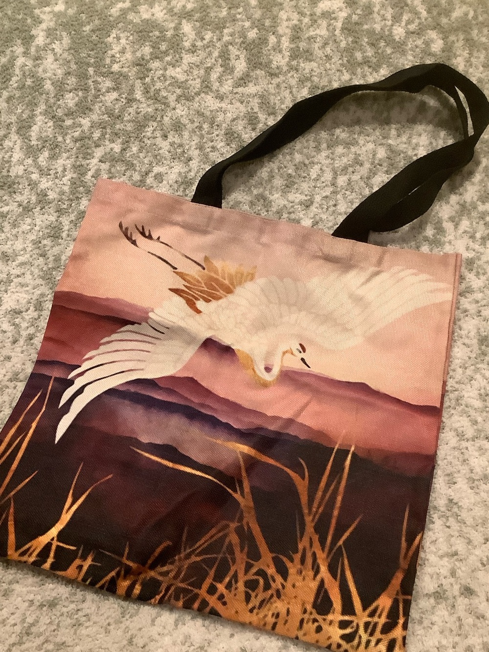 Pink Crane Flying Poly Canvas Tote Bag with Black Straps NWT 15.5x15.75”